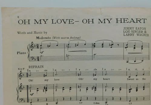 Oh My Love Oh My Heart vintage 1950s sheet music Les Howard song Jimmy Eaton